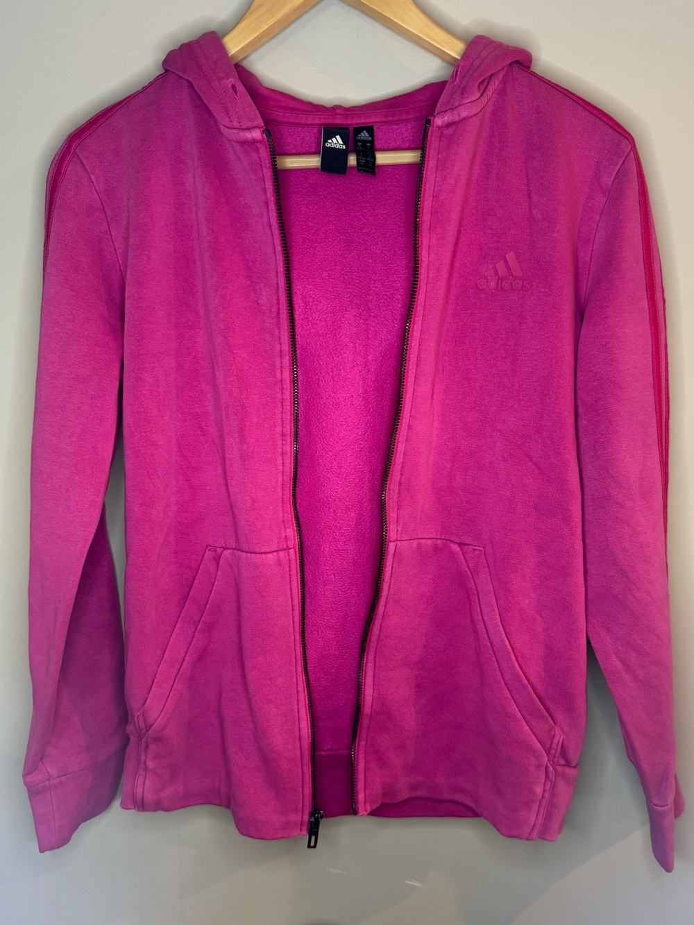 Adidas Women’s Pink Zip Up Hoodie Small 3 Stripe Athletic Sweatshirt Full Zip - Picture 3 of 7